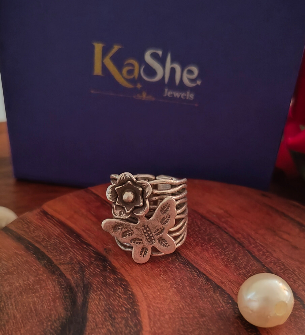 Boho Butterfly And Flower Wire Waves Sterling Silver Ring