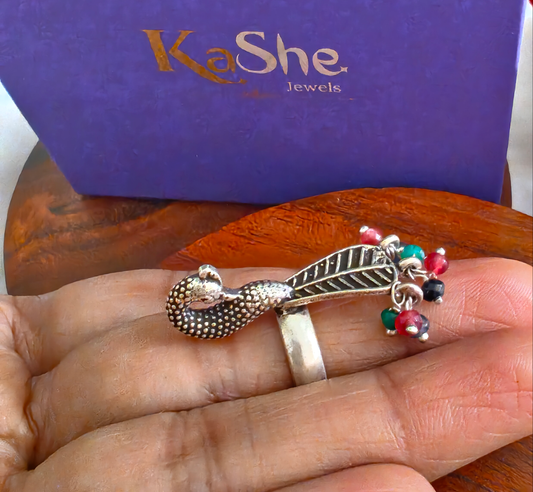 Statement 3D Textured Peacock Long Ring With Pink Green Coloured Stones Drop  (Adjustable)