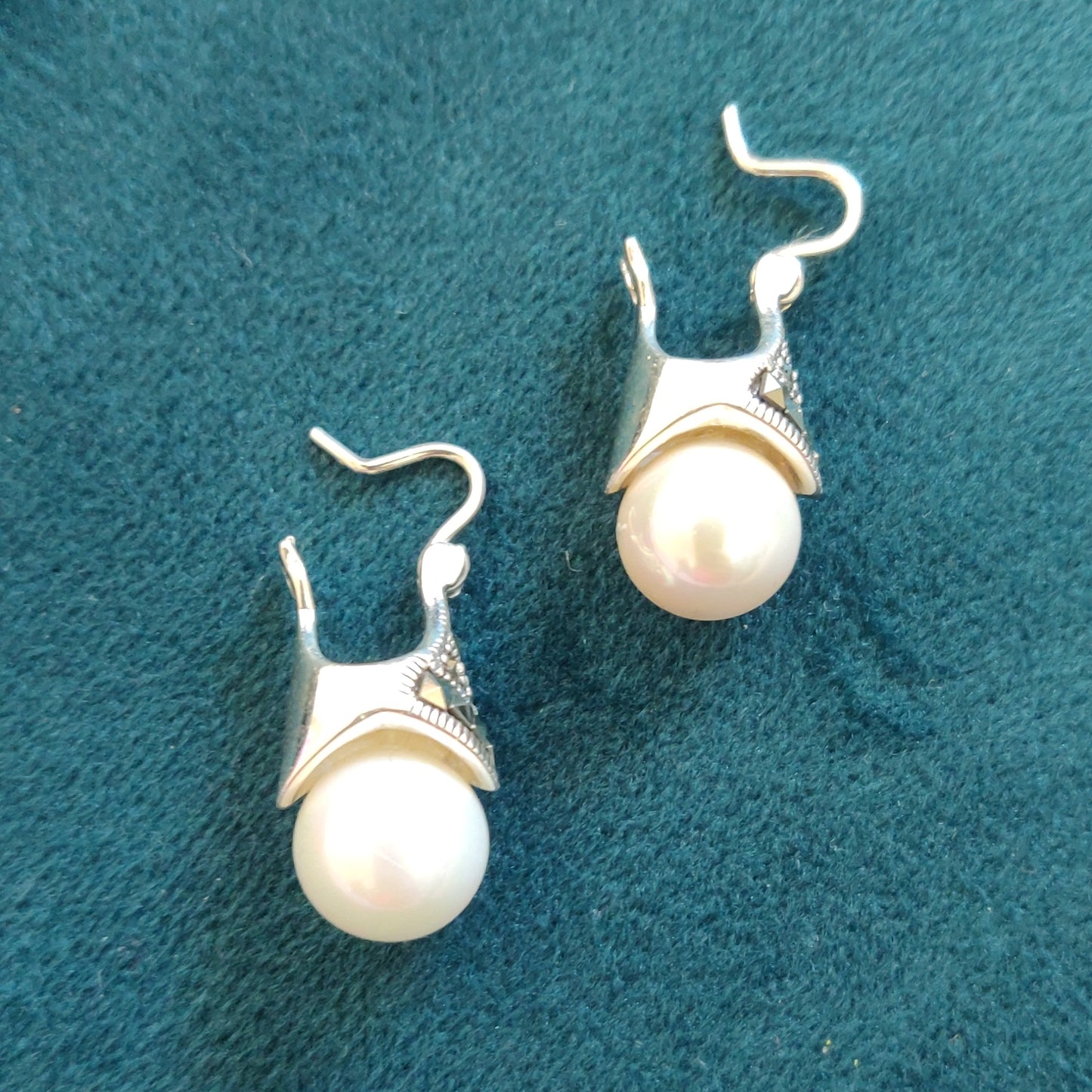 Classic Pearl Marcasite Earrings with Locking Hook