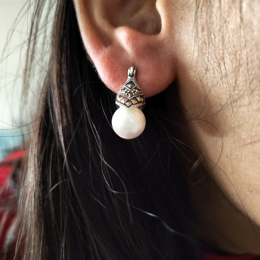 Classic Pearl Marcasite Earrings with Locking Hook