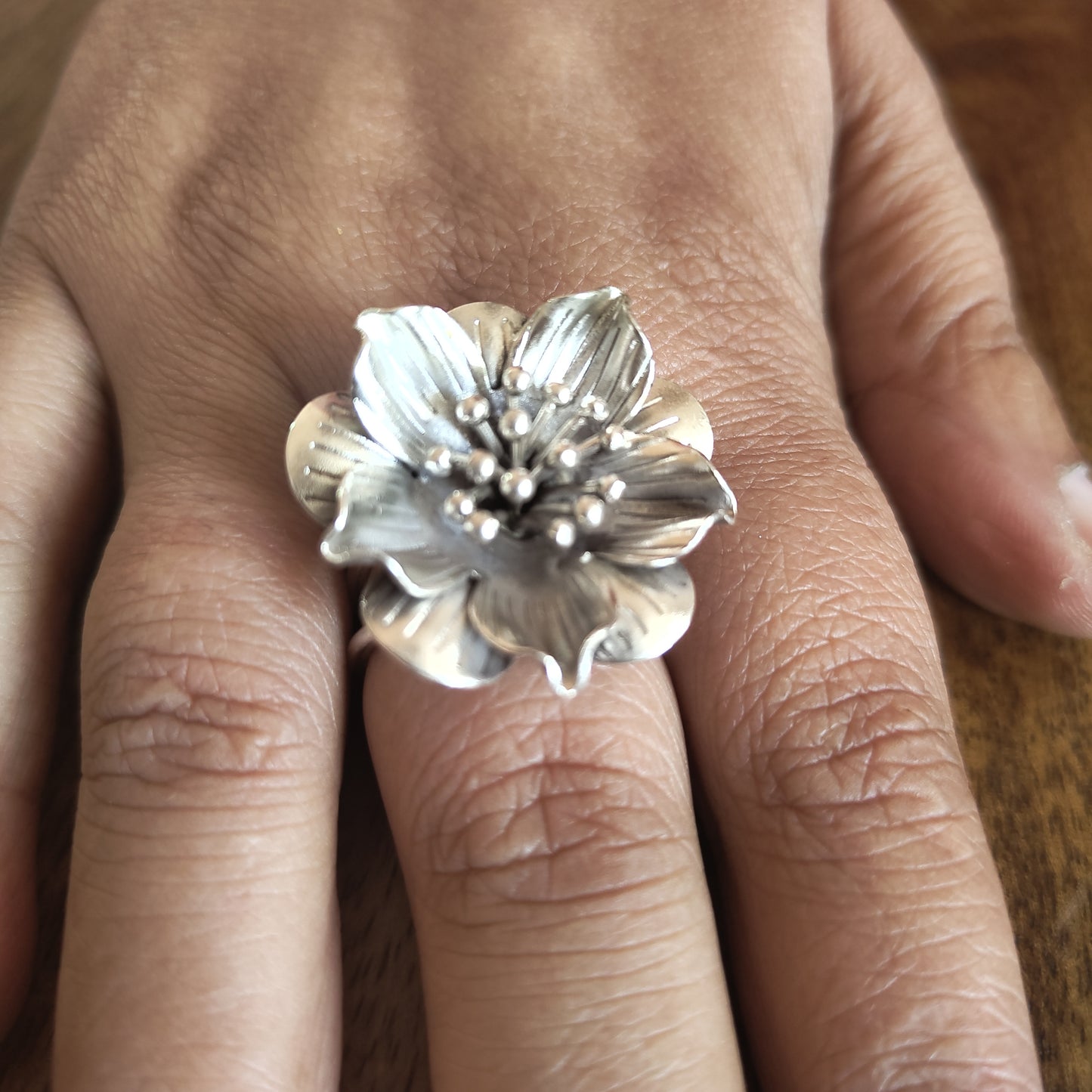 Statement 3D Hibiscus Floral Ring with Texture