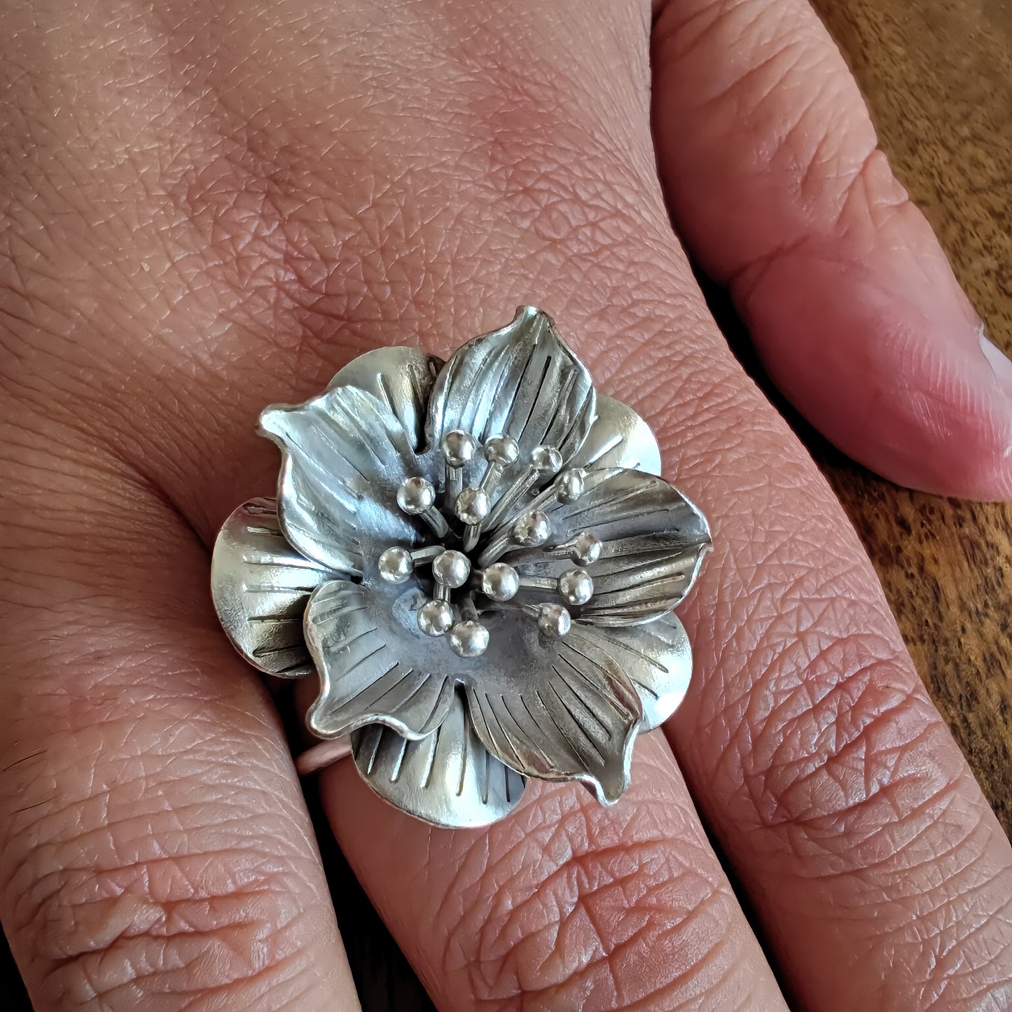 Statement 3D Hibiscus Floral Ring with Texture