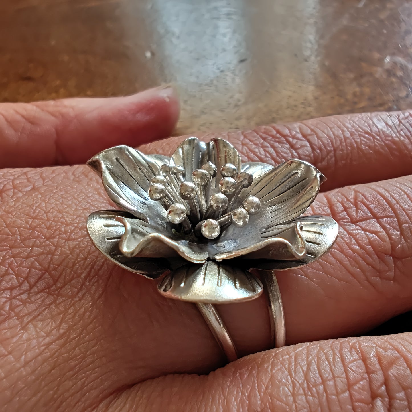 Statement 3D Hibiscus Floral Ring with Texture