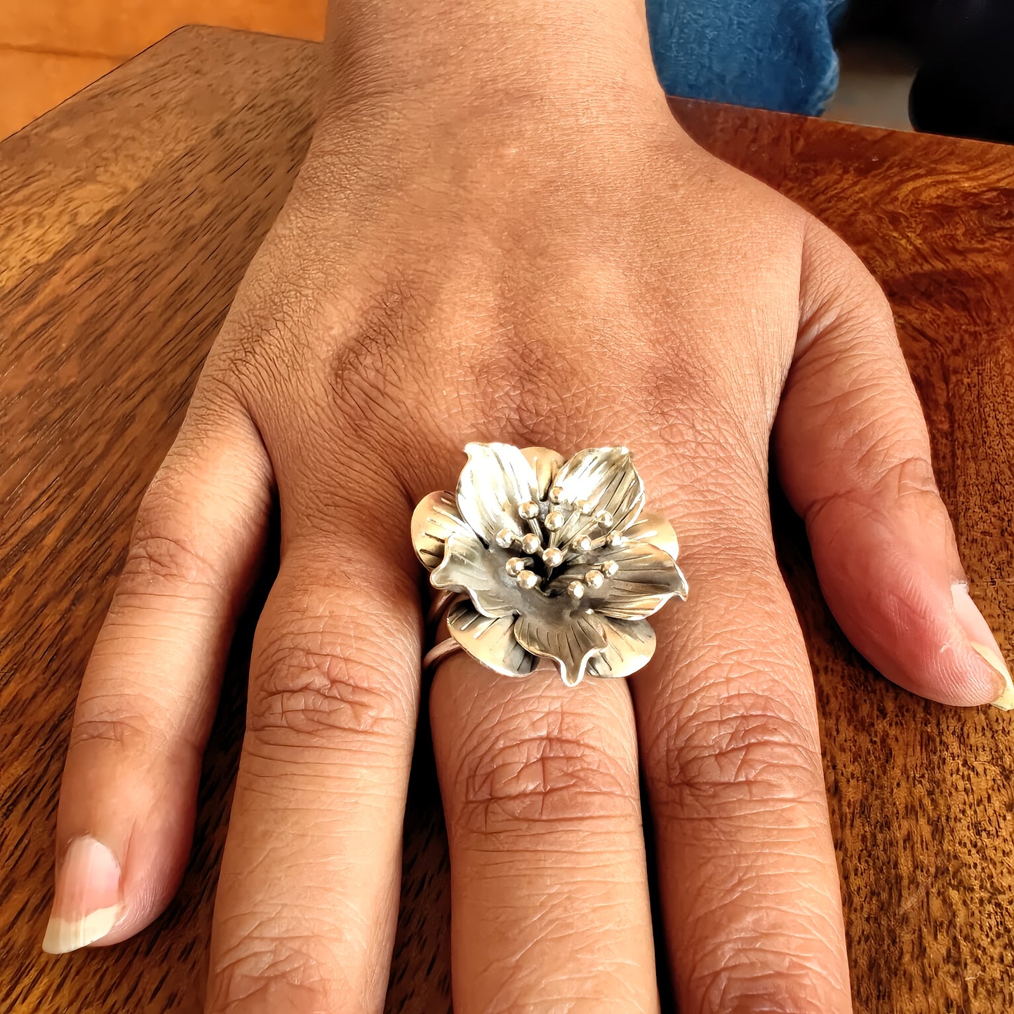 Statement 3D Hibiscus Floral Ring with Texture