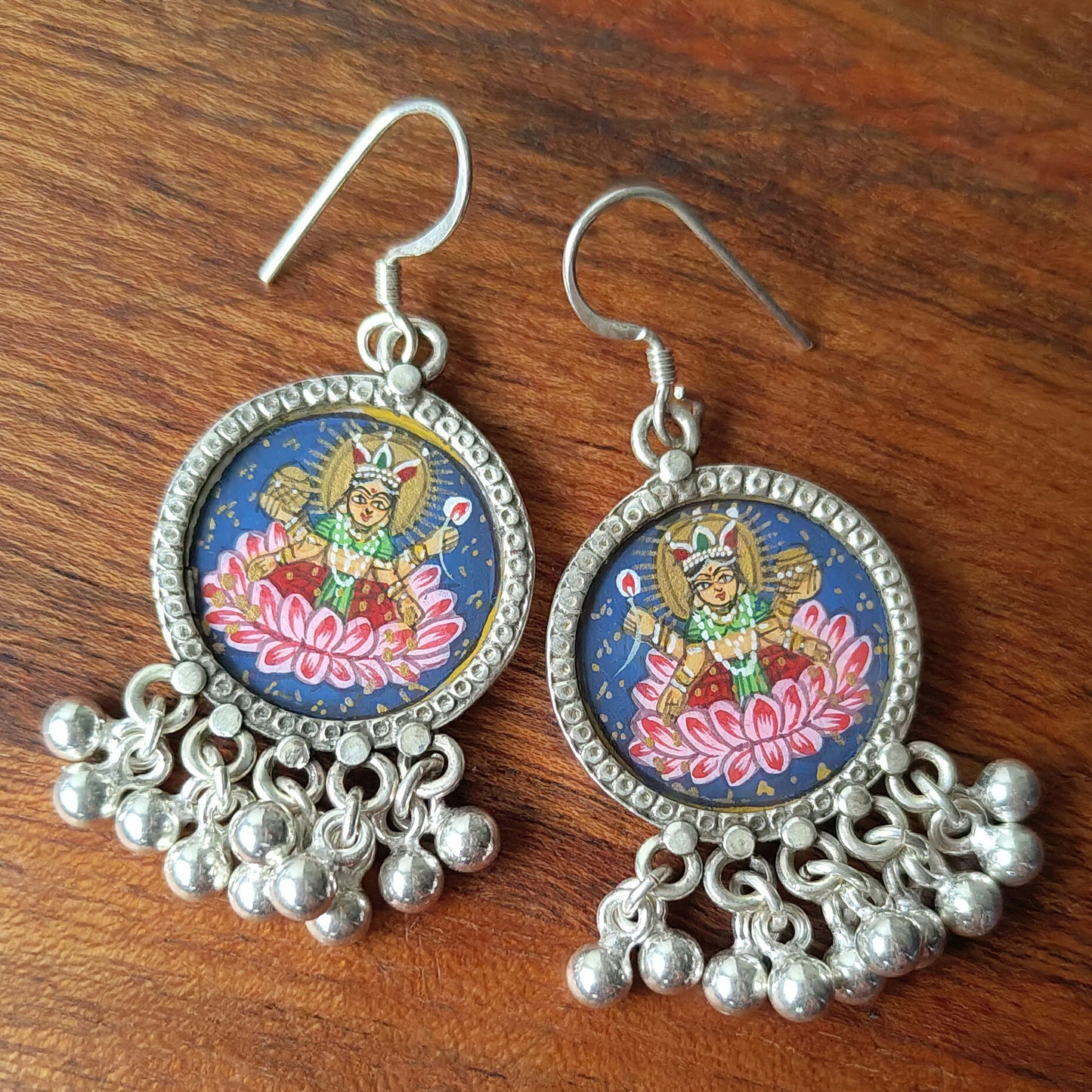 Goddess Lakshmi Hand Painted Hook Earrings with Silver Ball Danglers