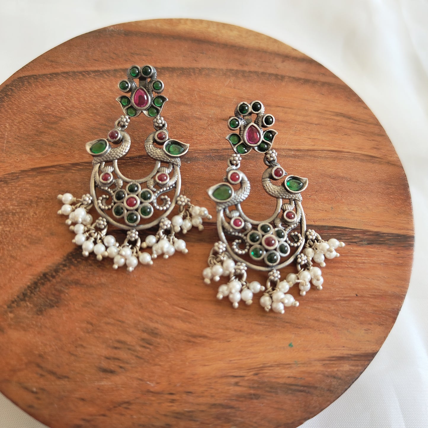 Pink and Green Stone Studs Silver Peacock Temple Dangler with Pearl Danglers