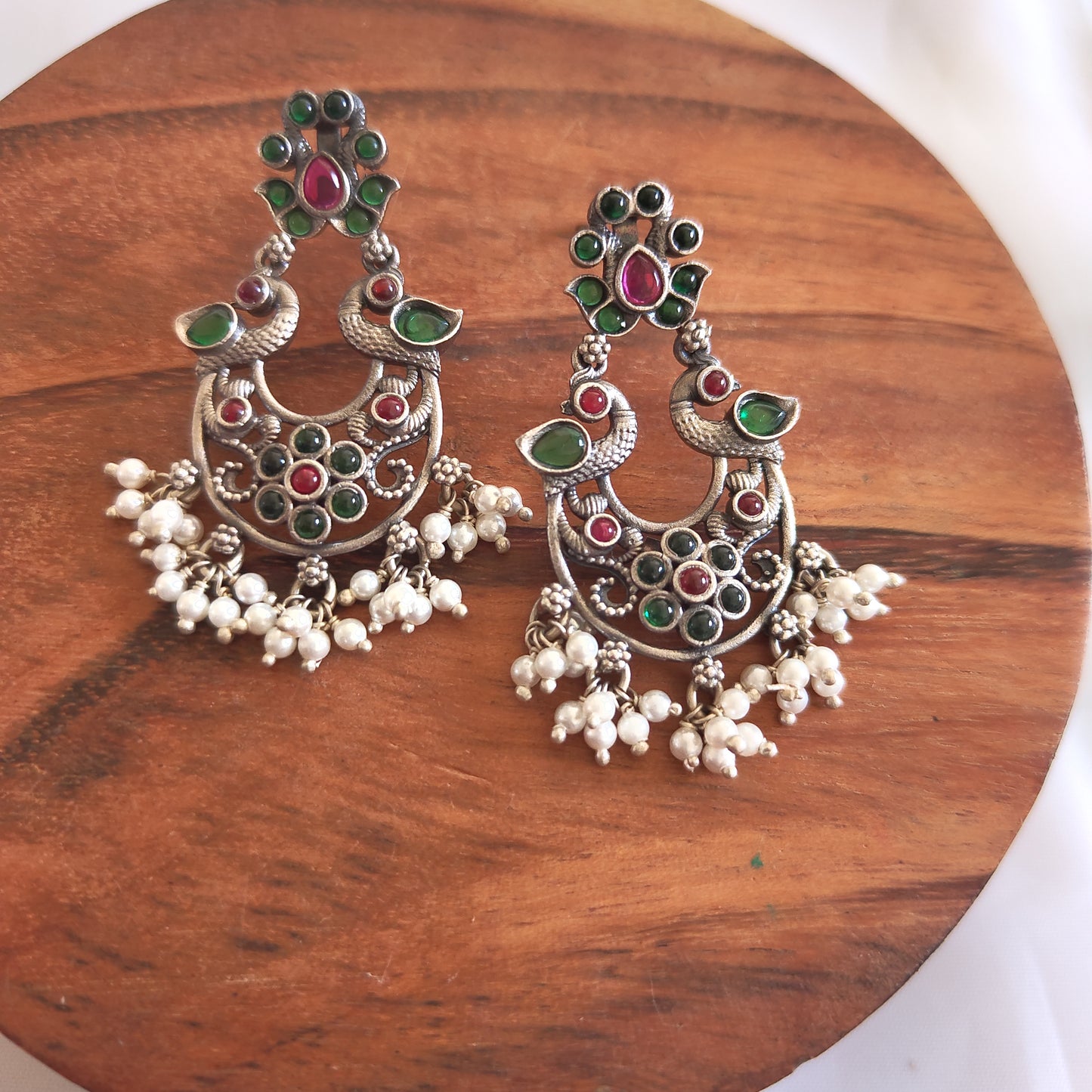 Pink and Green Stone Studs Silver Peacock Temple Dangler with Pearl Danglers