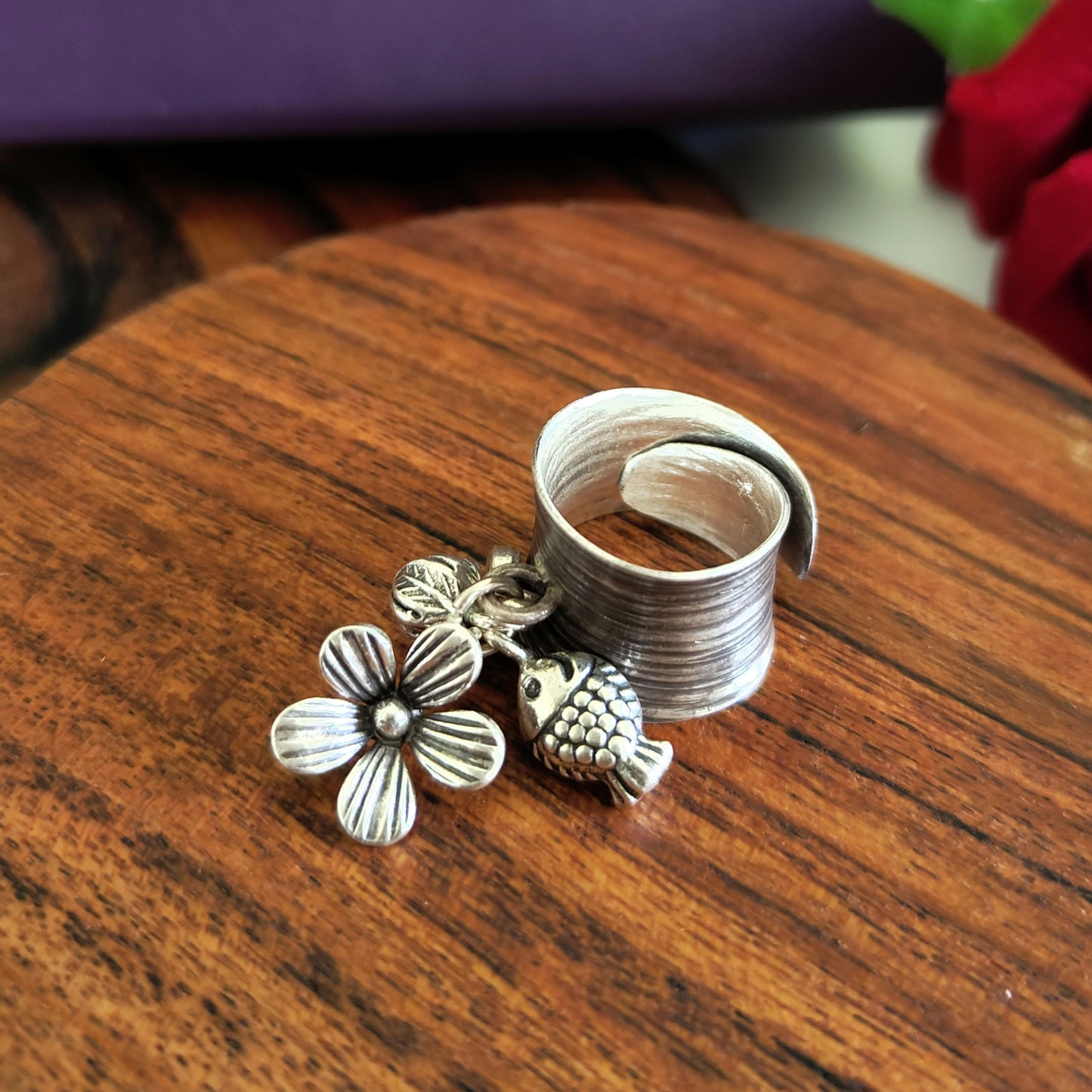 Statement Boho Textured Ring With Charms