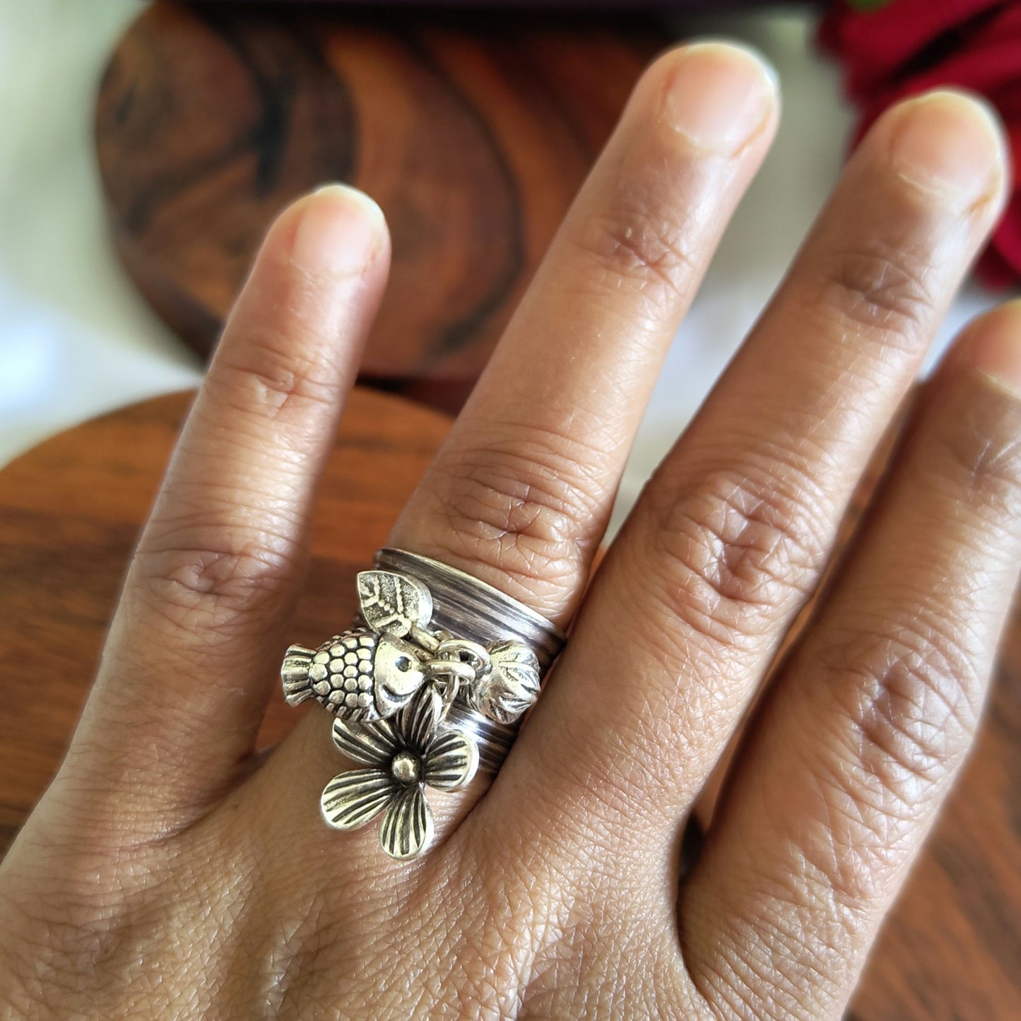 Statement Boho Textured Ring With Charms