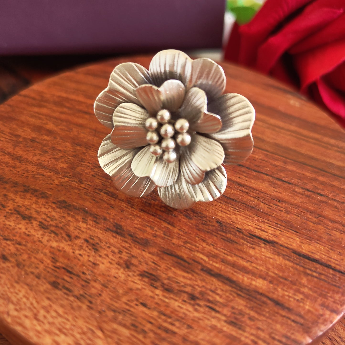 Statement 3D Hibiscus Floral Ring with Texture