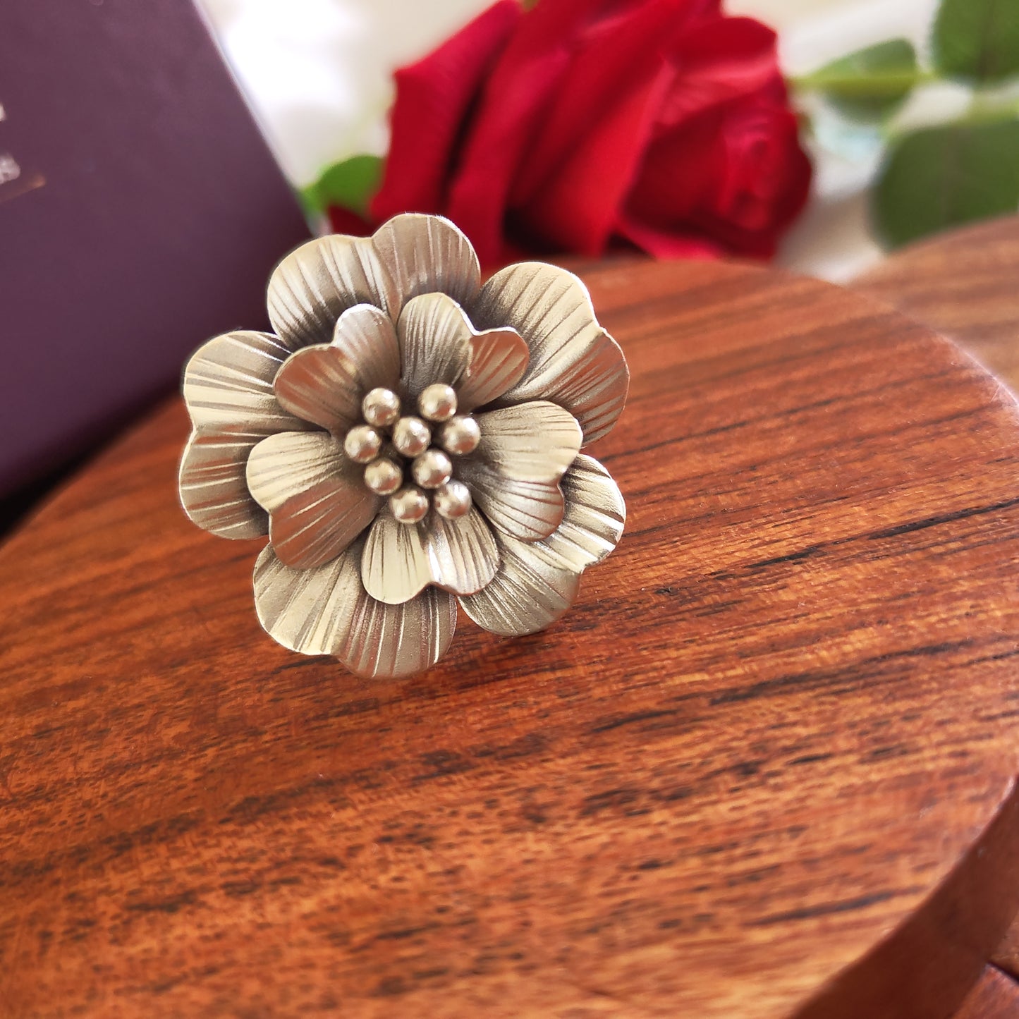 Statement 3D Hibiscus Floral Ring with Texture