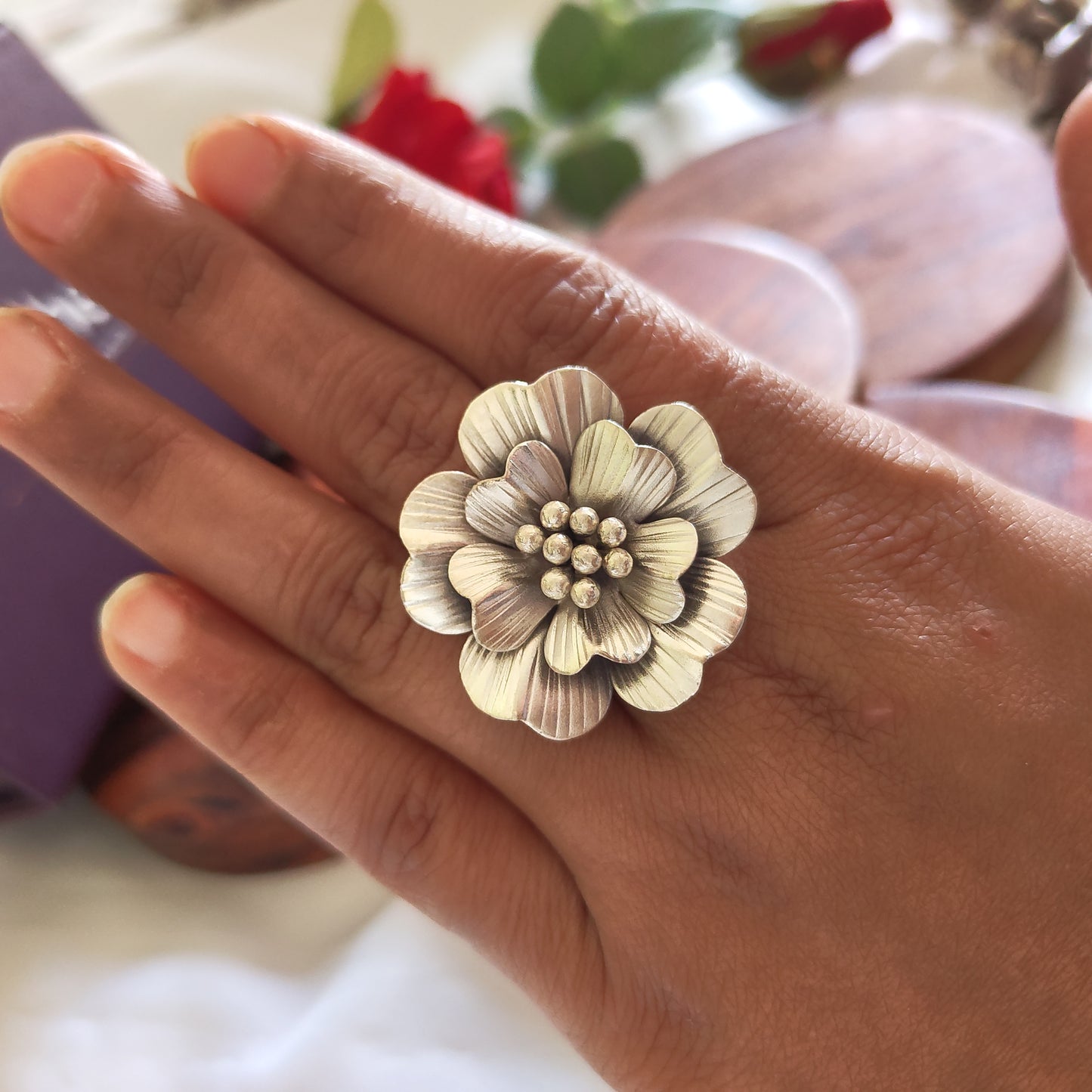 Statement 3D Hibiscus Floral Ring with Texture