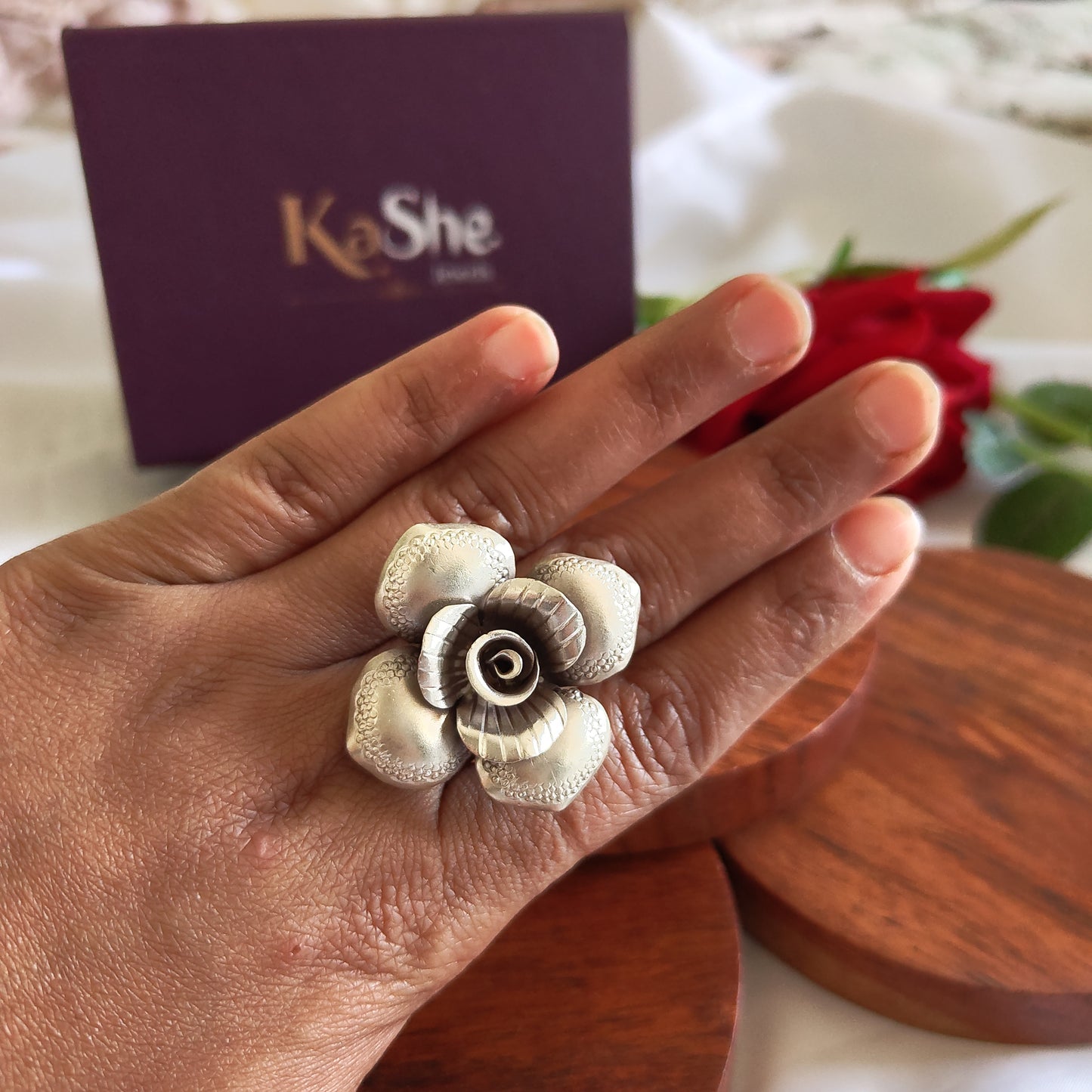 Statement 3D Four Petal Rose  Floral Ring with Texture