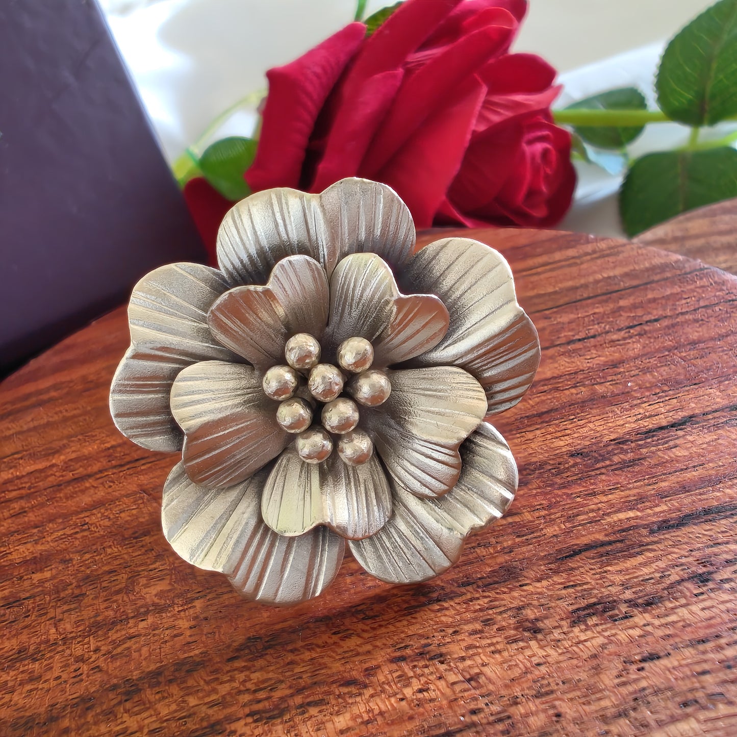 Statement 3D Hibiscus Floral Ring with Texture