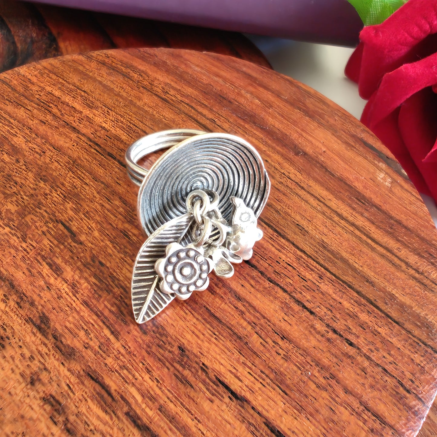 Statement Boho Textured Ring With Charms On Spiral