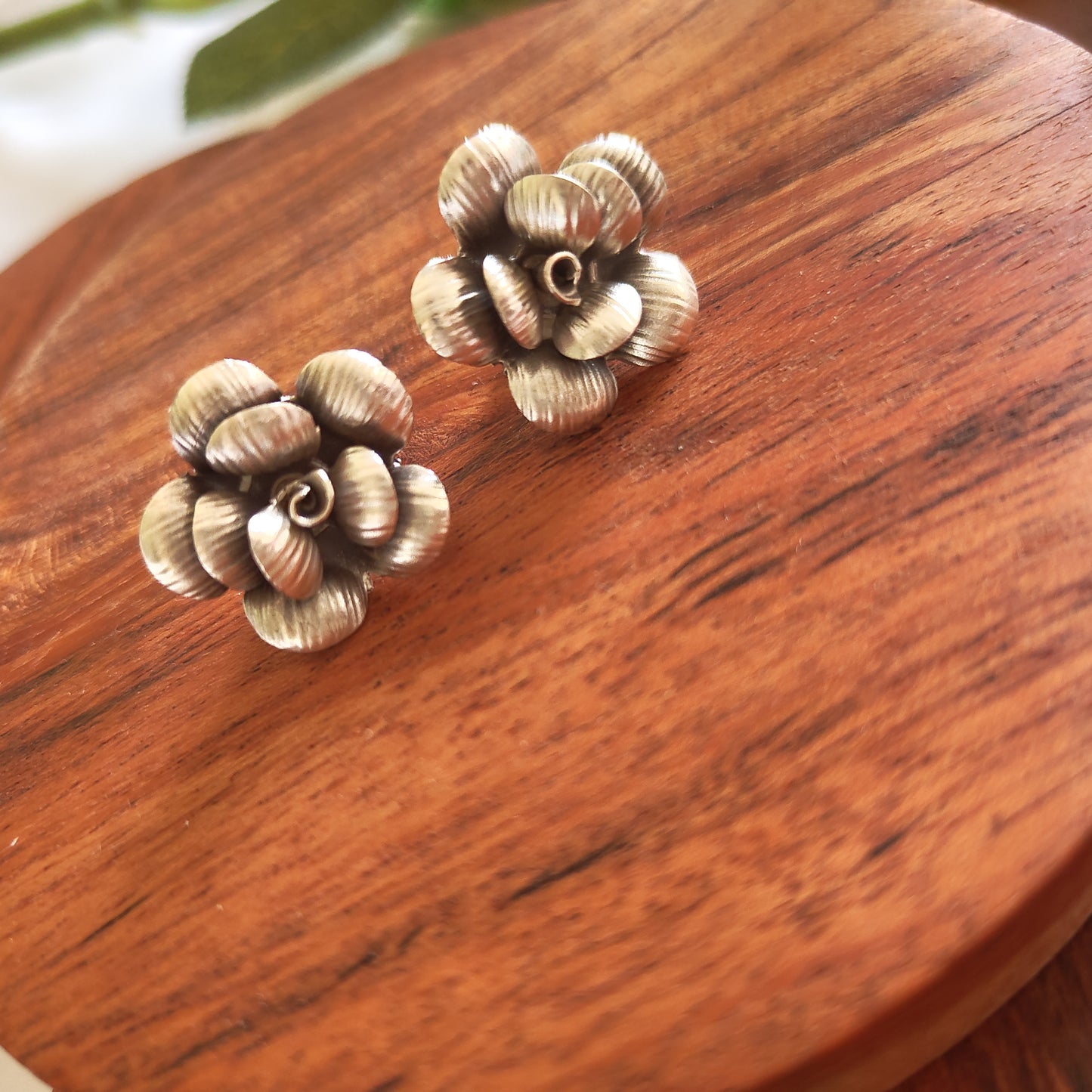 Floral 3D Textured Round Rose Earring With Post Stud Small