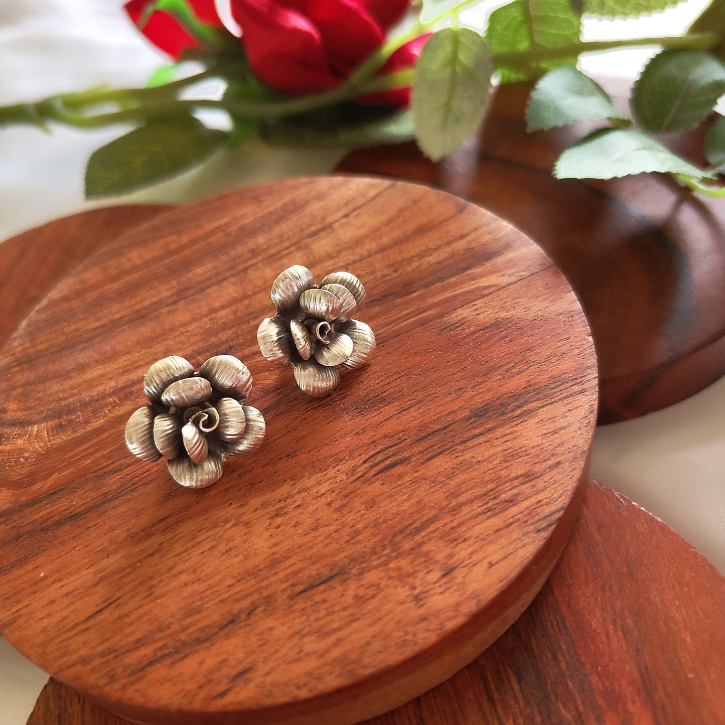 Floral 3D Textured Rose Earring With Post Stud