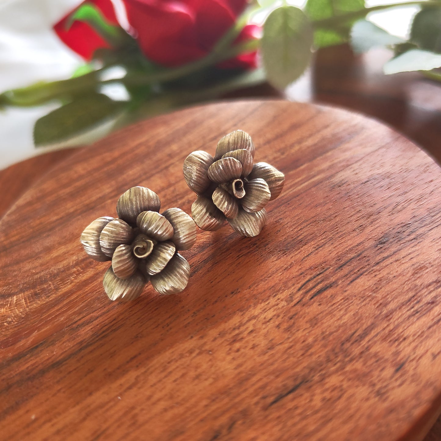 Floral 3D Textured Rose Earring With Post Stud Small