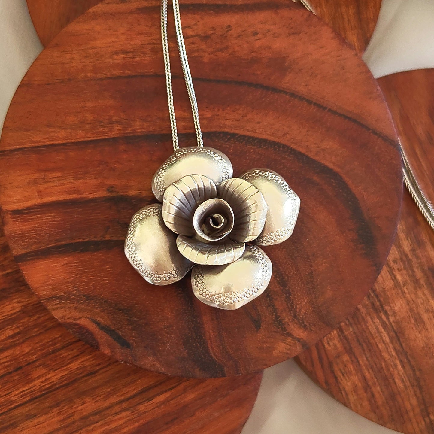 Exclusive Statement 3D Four Petal Rose Pendant Flower With Texture