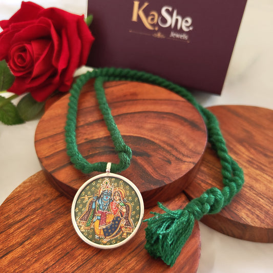 Radha Krishna Hand Painted Circular Pendant with Green Thread Necklace