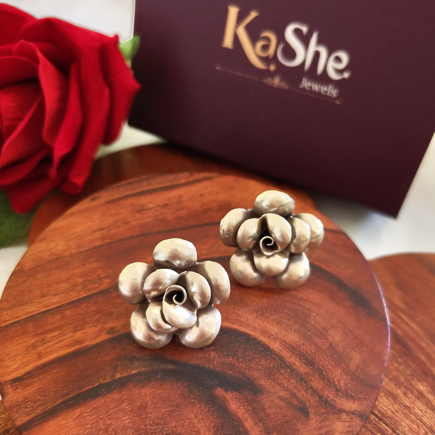 Floral 3D Glossy Rose Earring With Post Stud Big