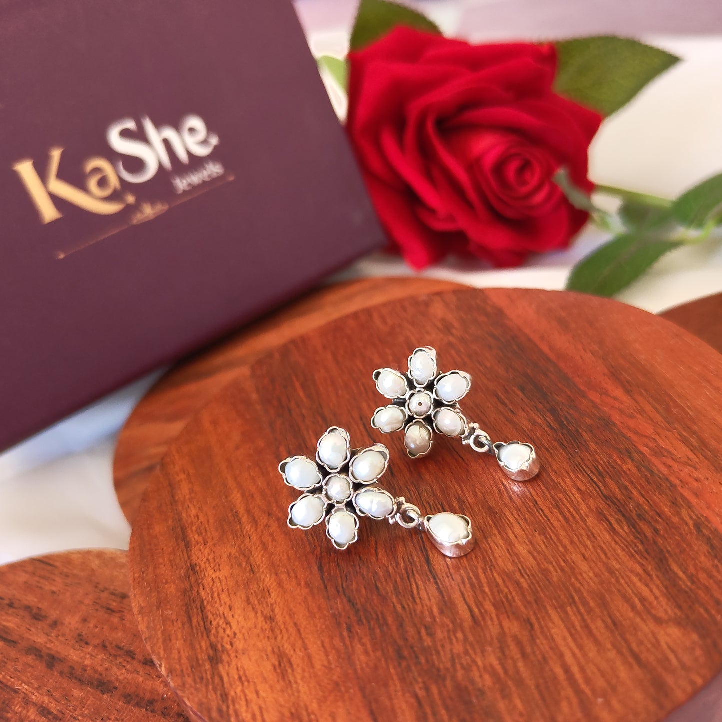 Classic Silver Cut Pearl Floral Stud With Drop