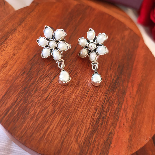 Classic Silver Cut Pearl Floral Stud With Drop