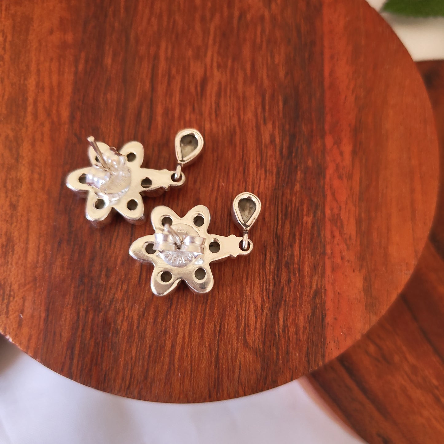 Classic Silver Cut Pearl Floral Stud With Drop