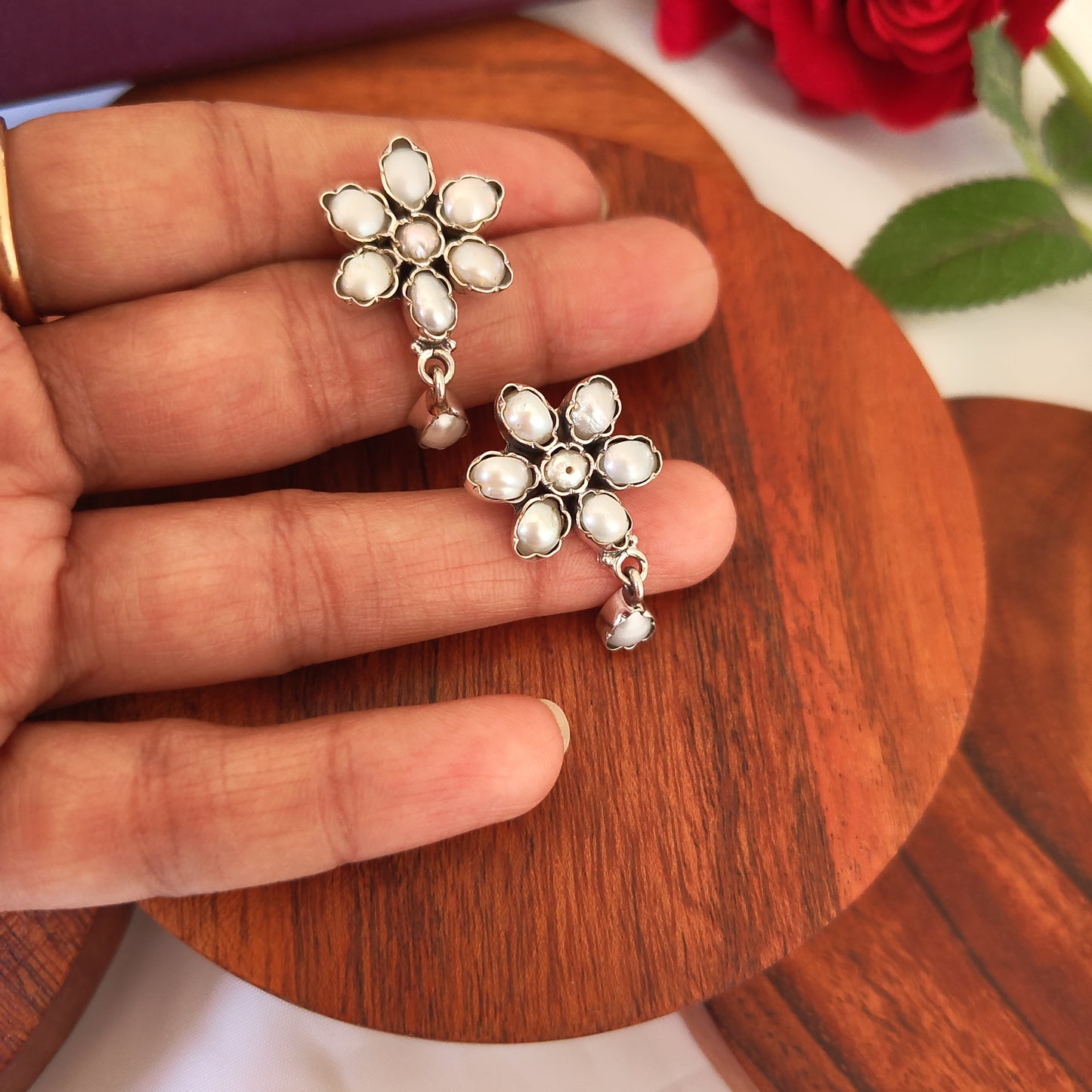 Classic Silver Cut Pearl Floral Stud With Drop