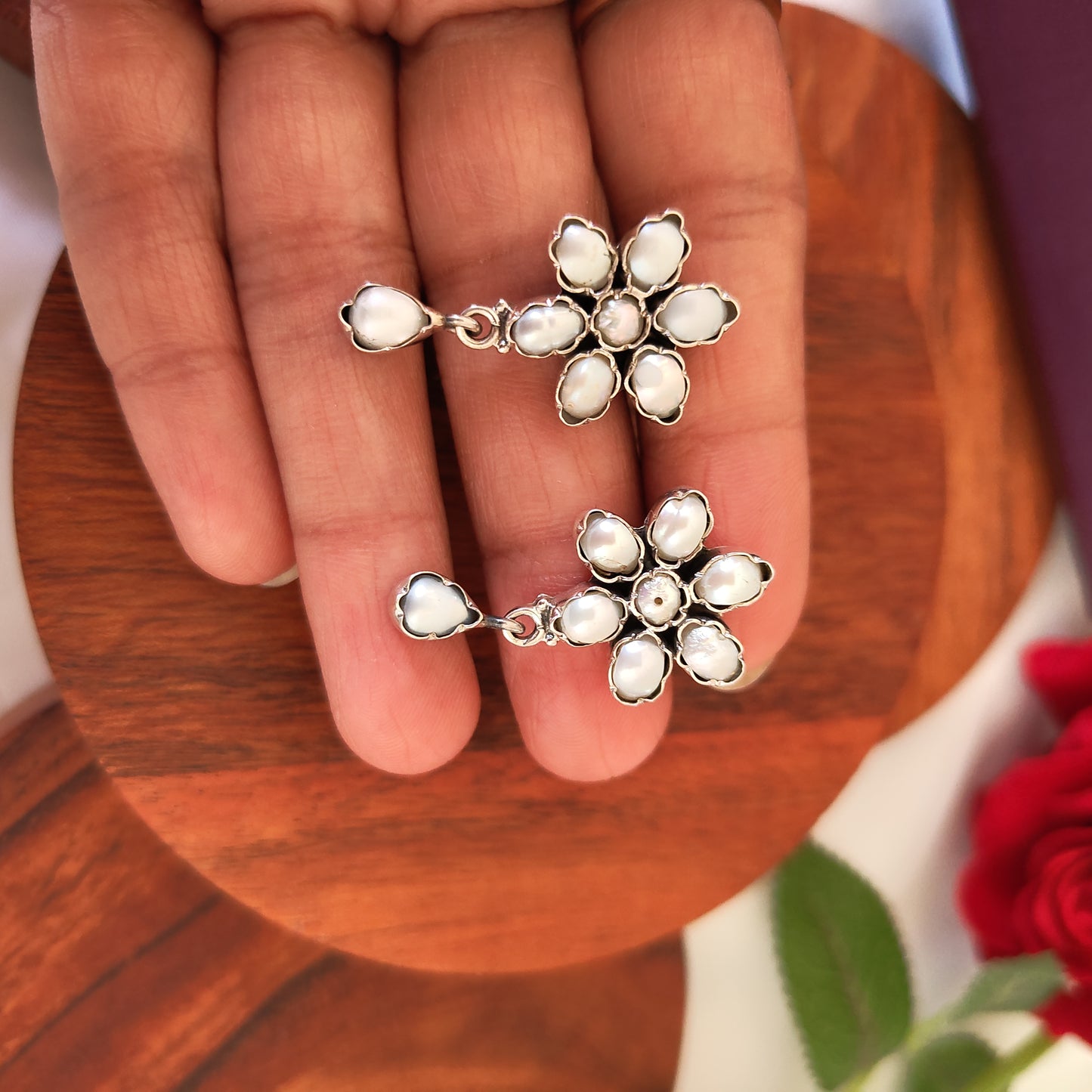 Classic Silver Cut Pearl Floral Stud With Drop