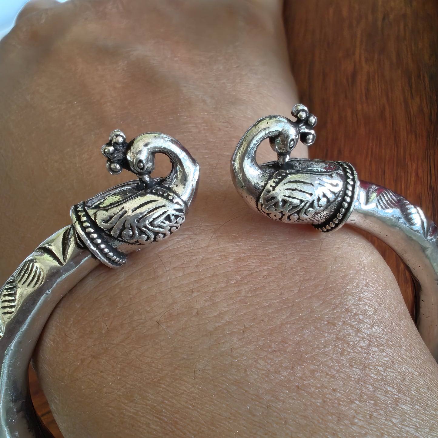 Silver Adjustable Peacock Motif Classic Chitai Kada Bangle