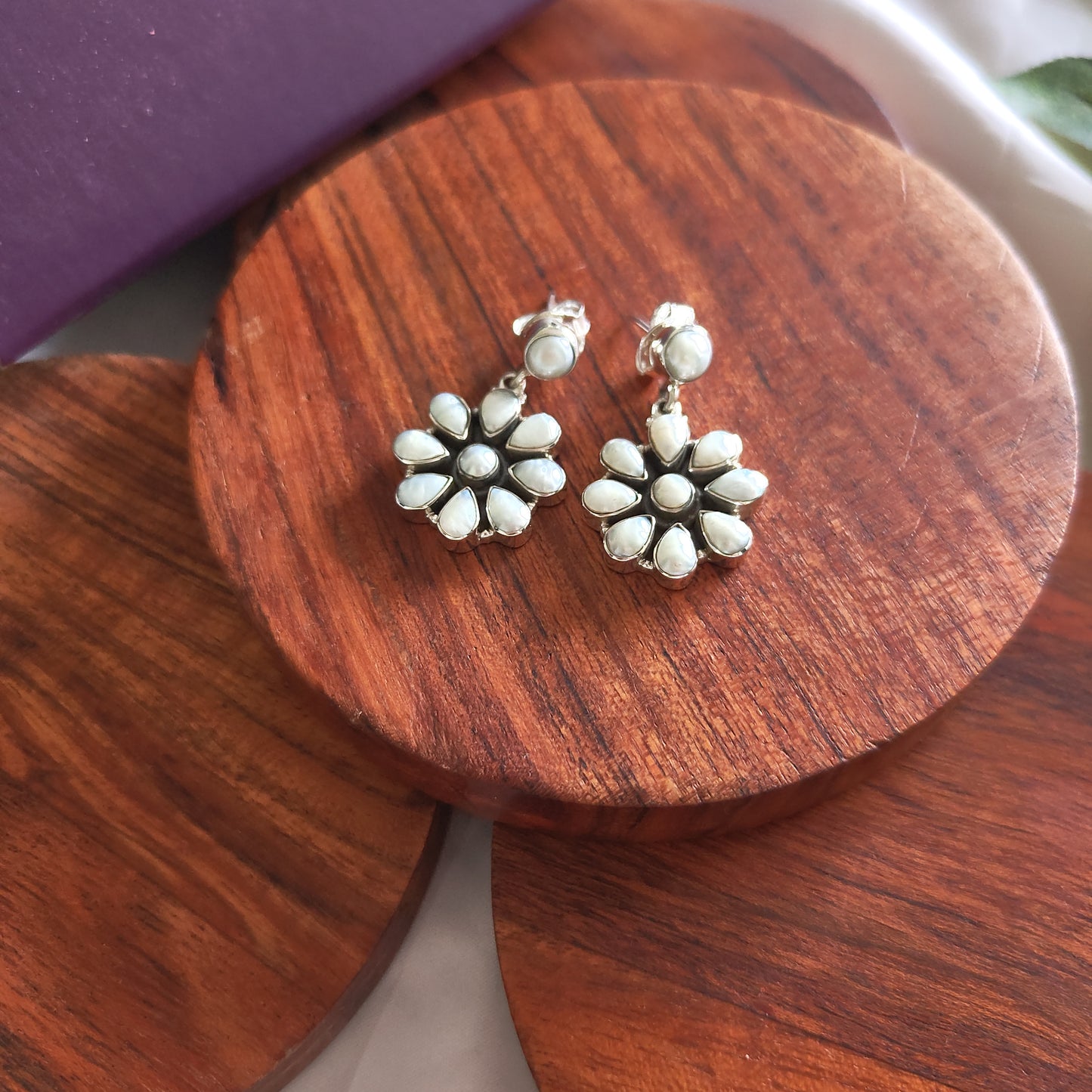 Classic Silver Cut Pearl Floral Stud With Flower Drop