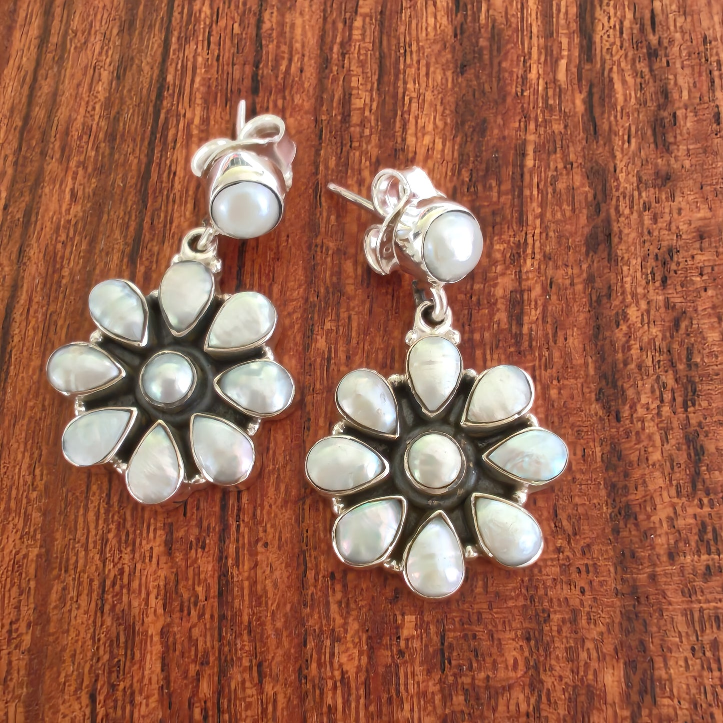 Classic Silver Cut Pearl Floral Stud With Flower Drop