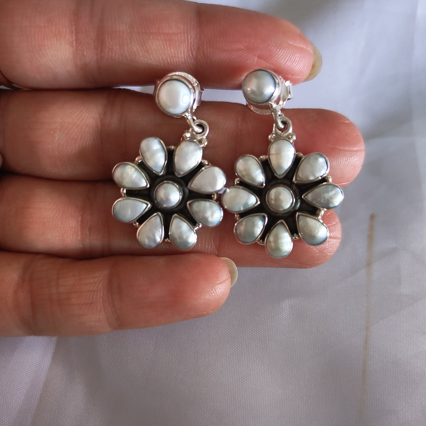 Classic Silver Cut Pearl Floral Stud With Flower Drop