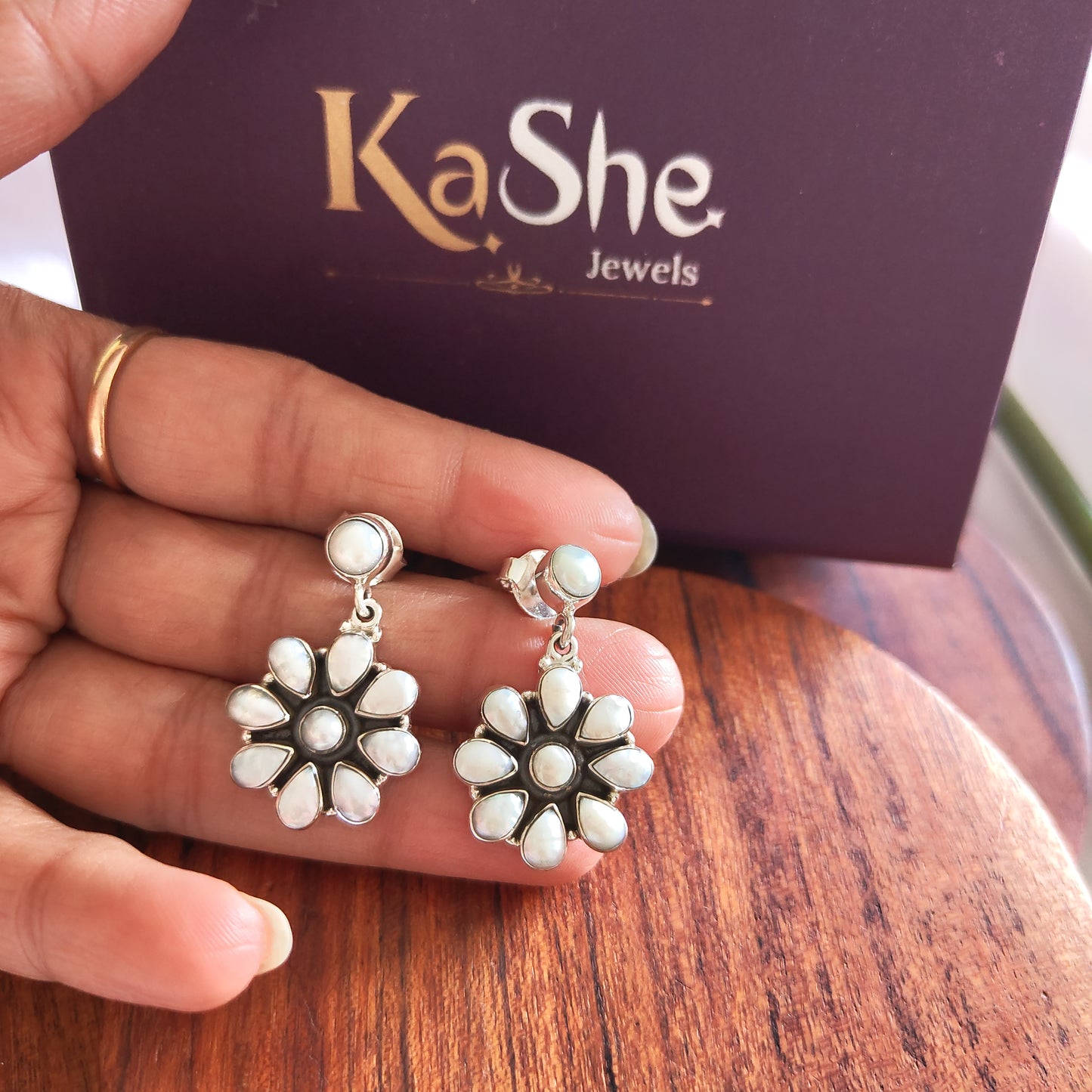 Classic Silver Cut Pearl Floral Stud With Flower Drop