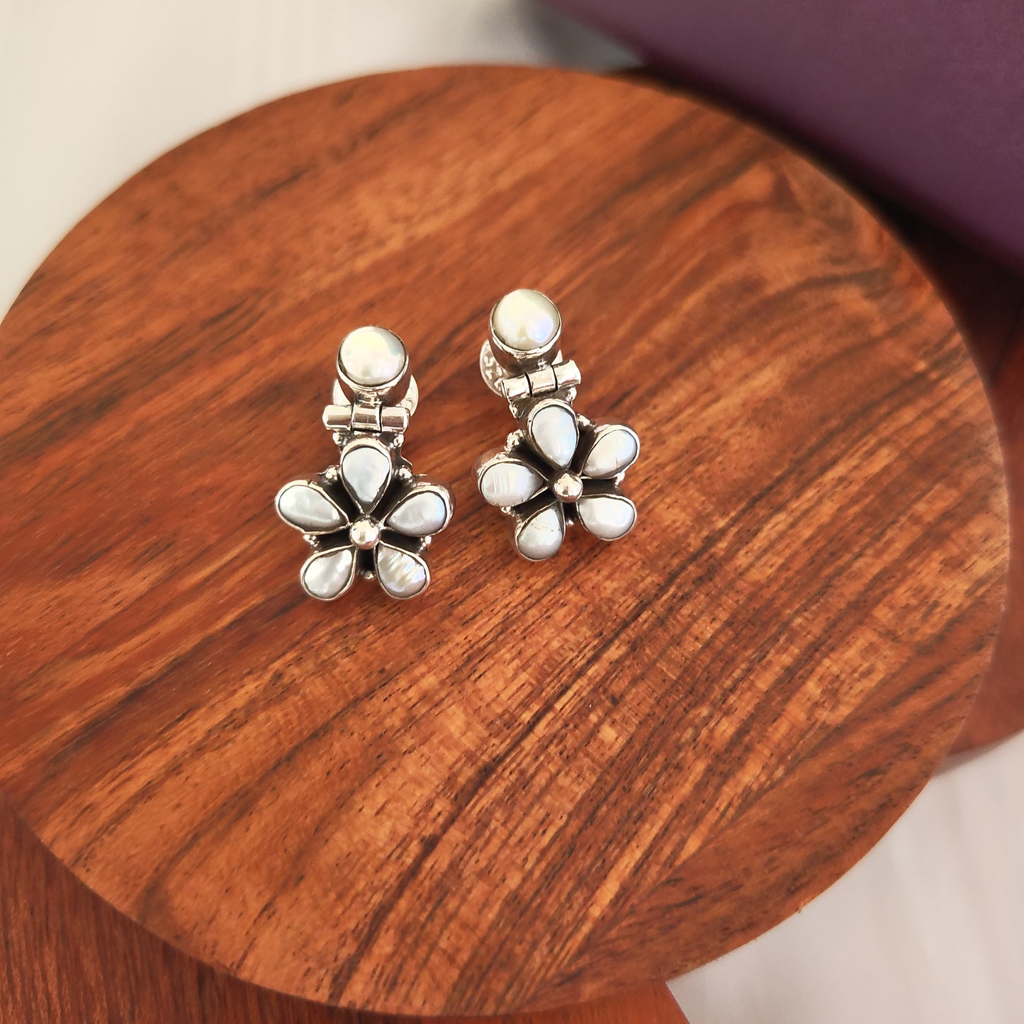 Classic Silver Cut Pearl Floral Stud With Flower Drop Small