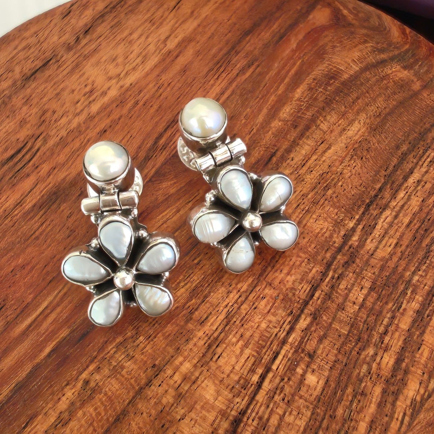 Classic Silver Cut Pearl Floral Stud With Flower Drop Small