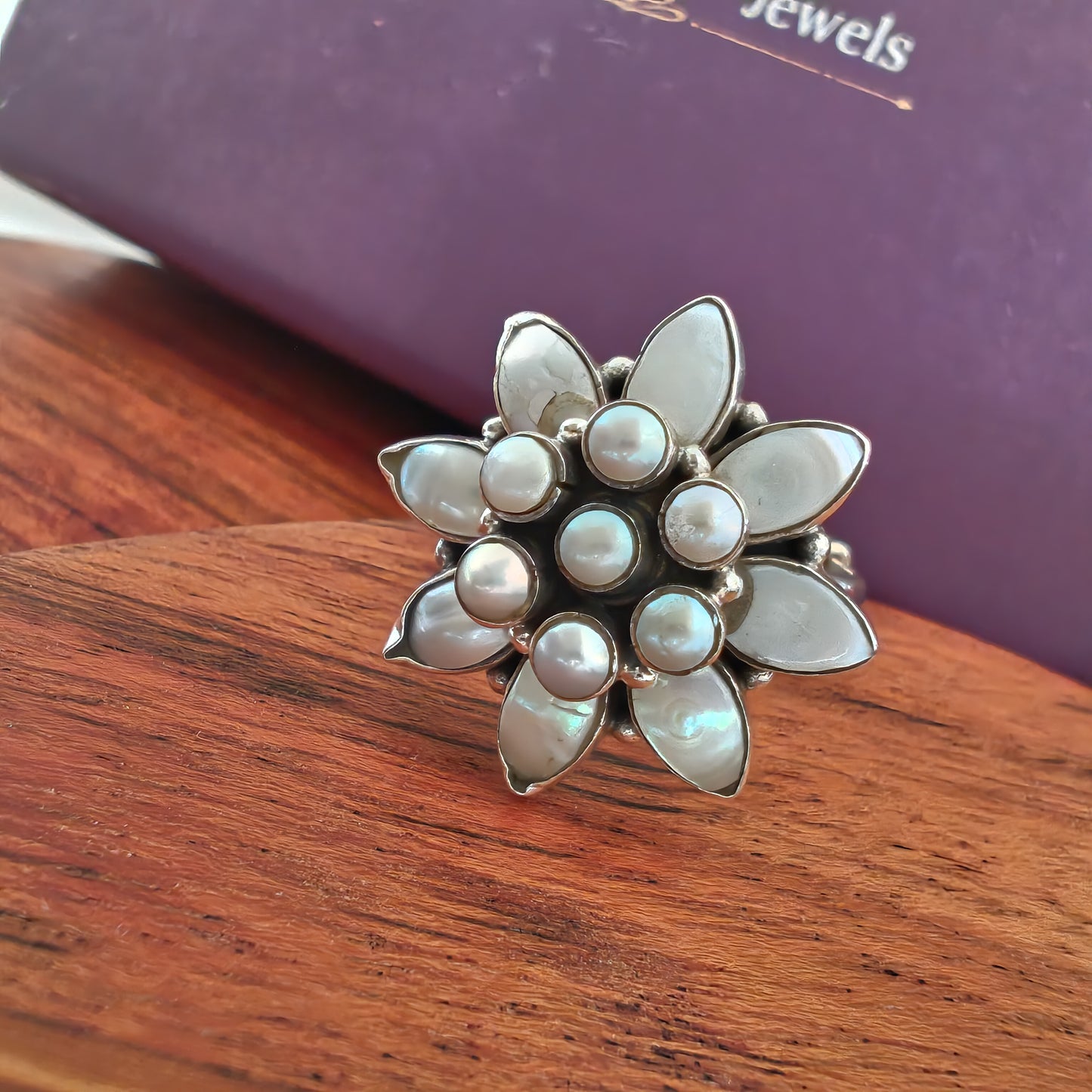 Versatile Classic Cut Pearl Floral Adjustable Ring Big