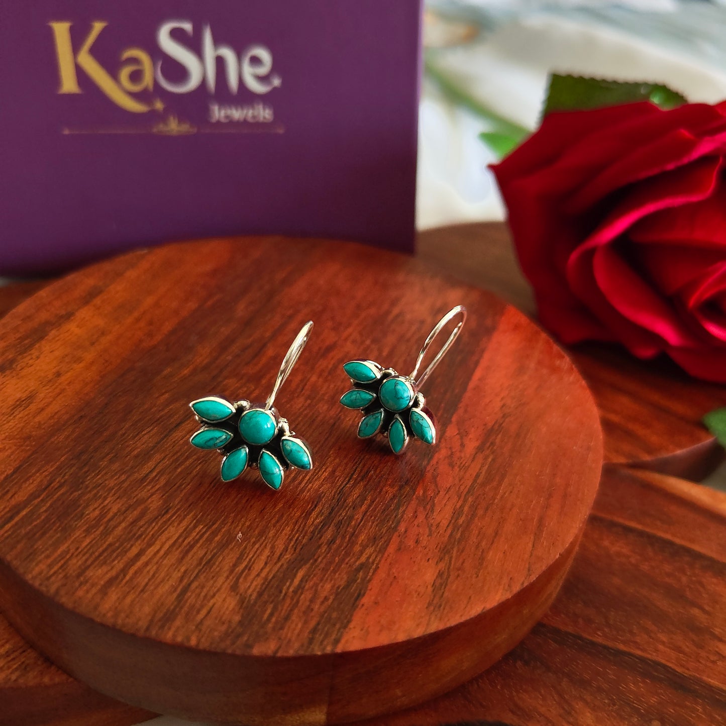 Half Floral Turquoise Hook Earring