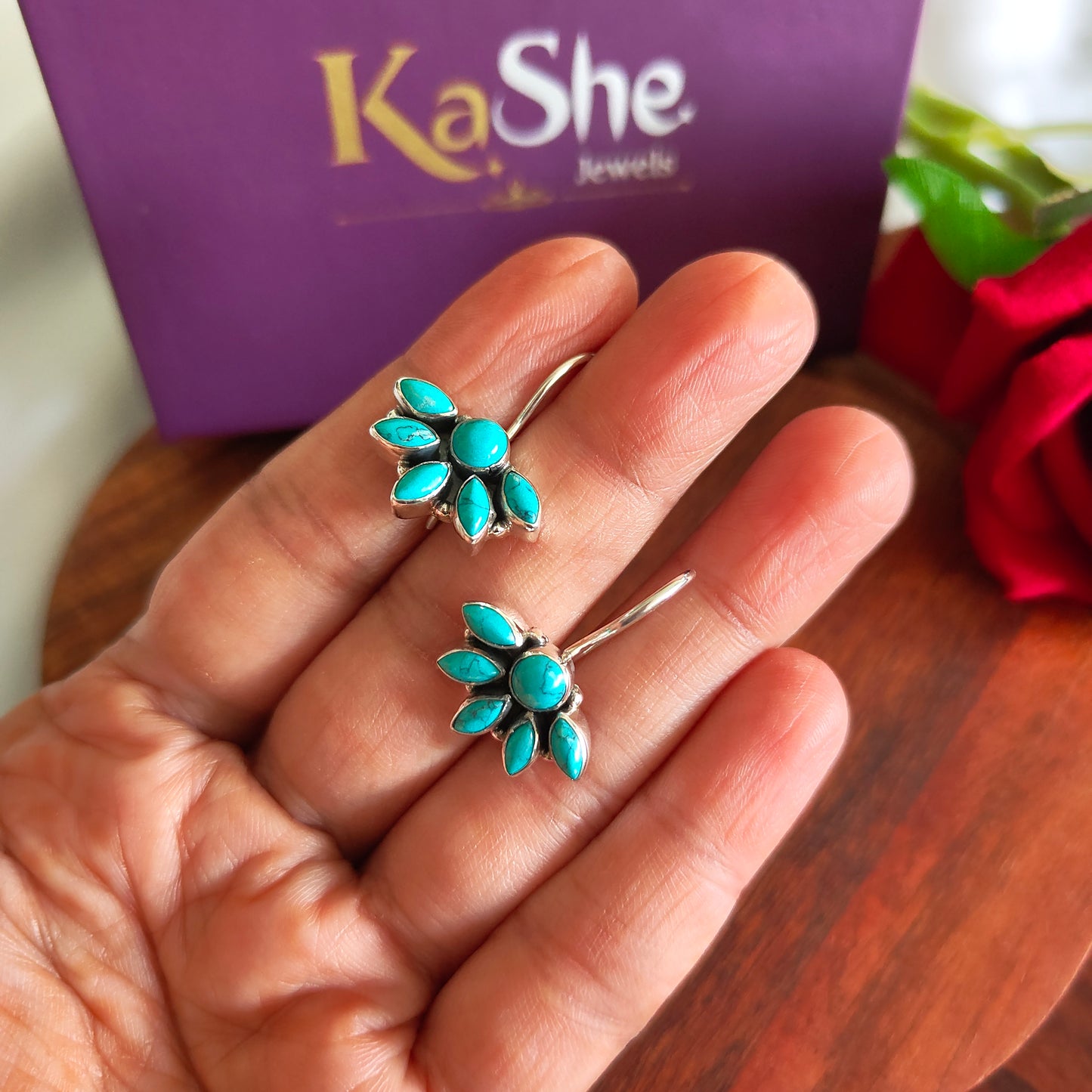 Half Floral Turquoise Hook Earring