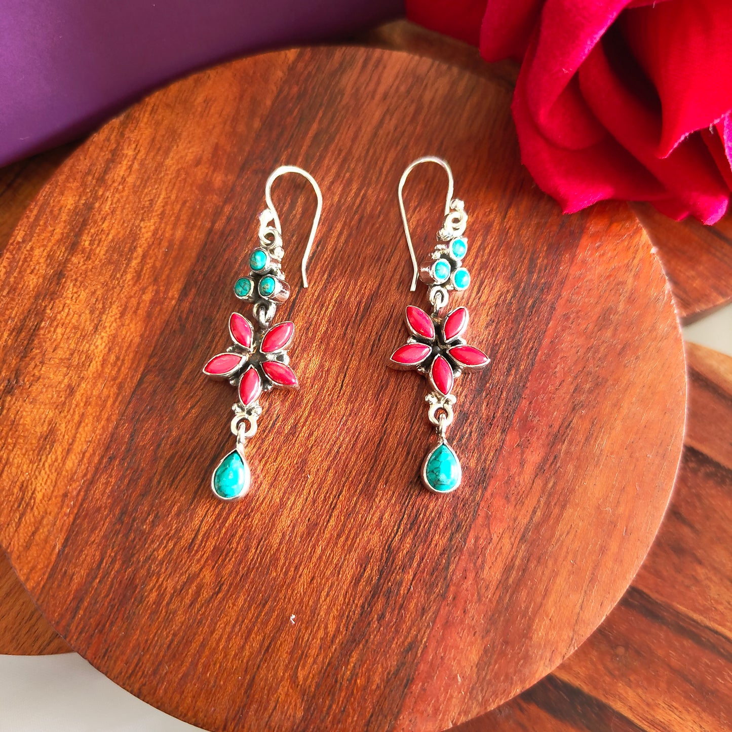 Turquoise and Coral Floral Dangler With Drop