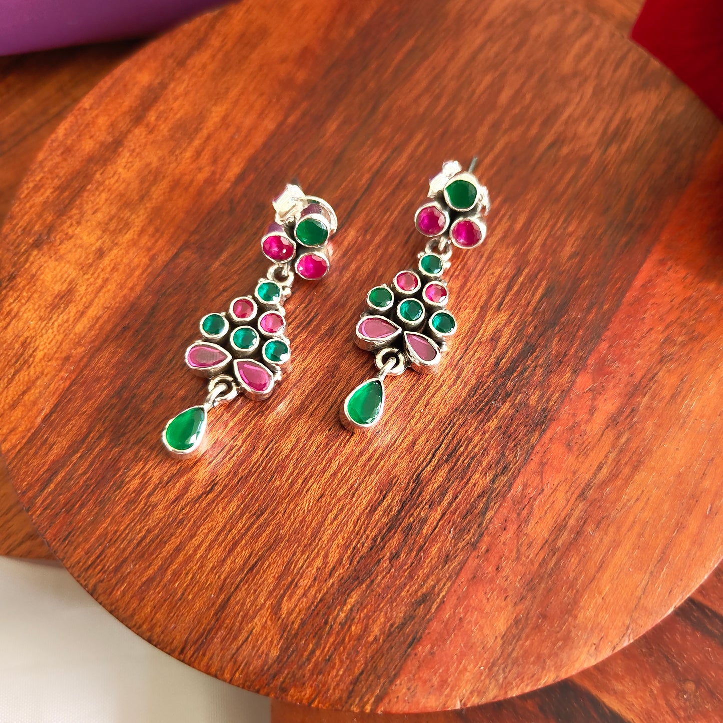 Elegant Circular Pink and Green Stone Earring With Drop , Screw And Post