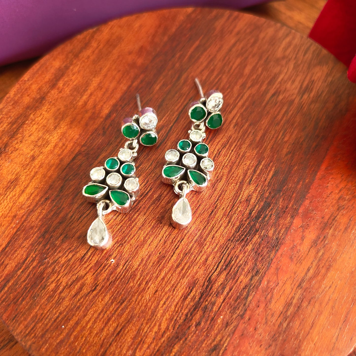 Elegant Circular White and Green Stone Earring With Drop , Screw And Post