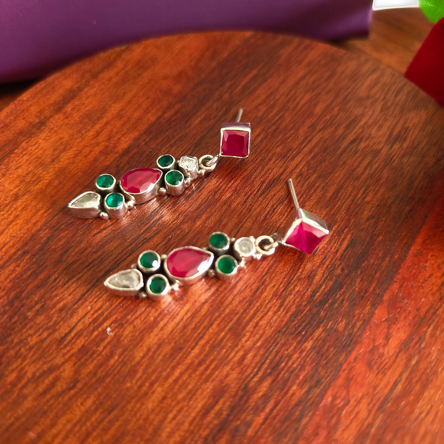 Elegant Square Stud Pink White Green Stone Earring With Drop , Screw And Post