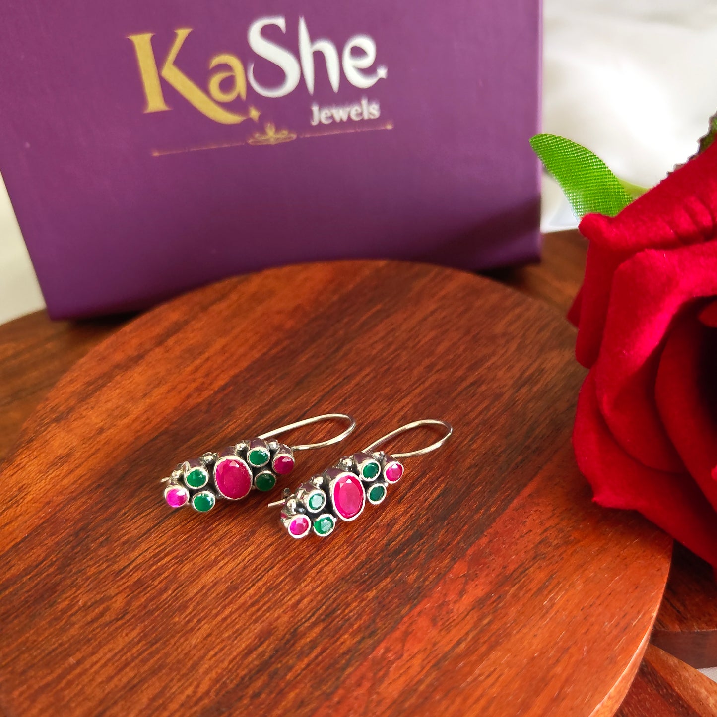 Elegant Circular Pink and Green Stone Hook Earring