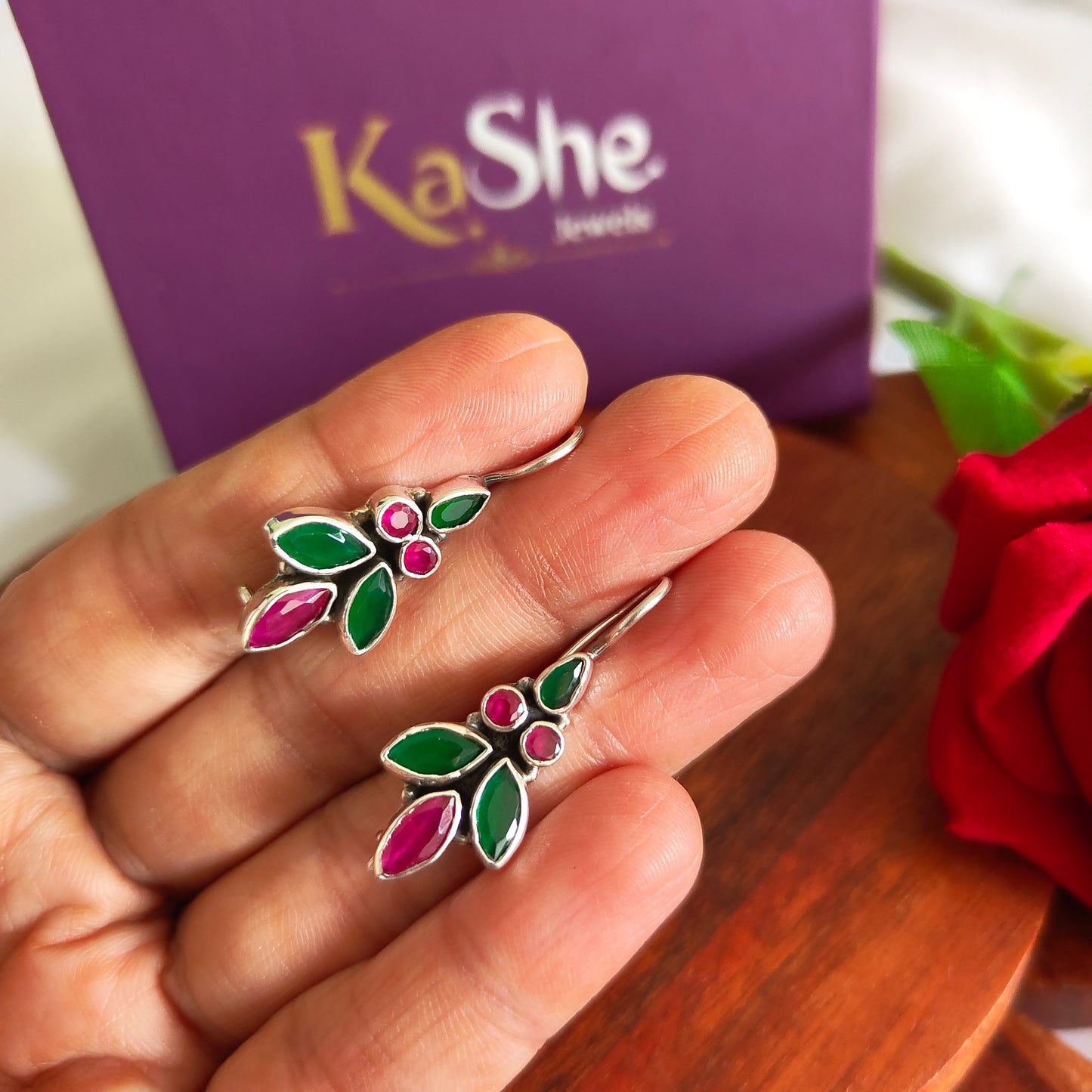 Leaf Pink and Green Stone Hook Earring