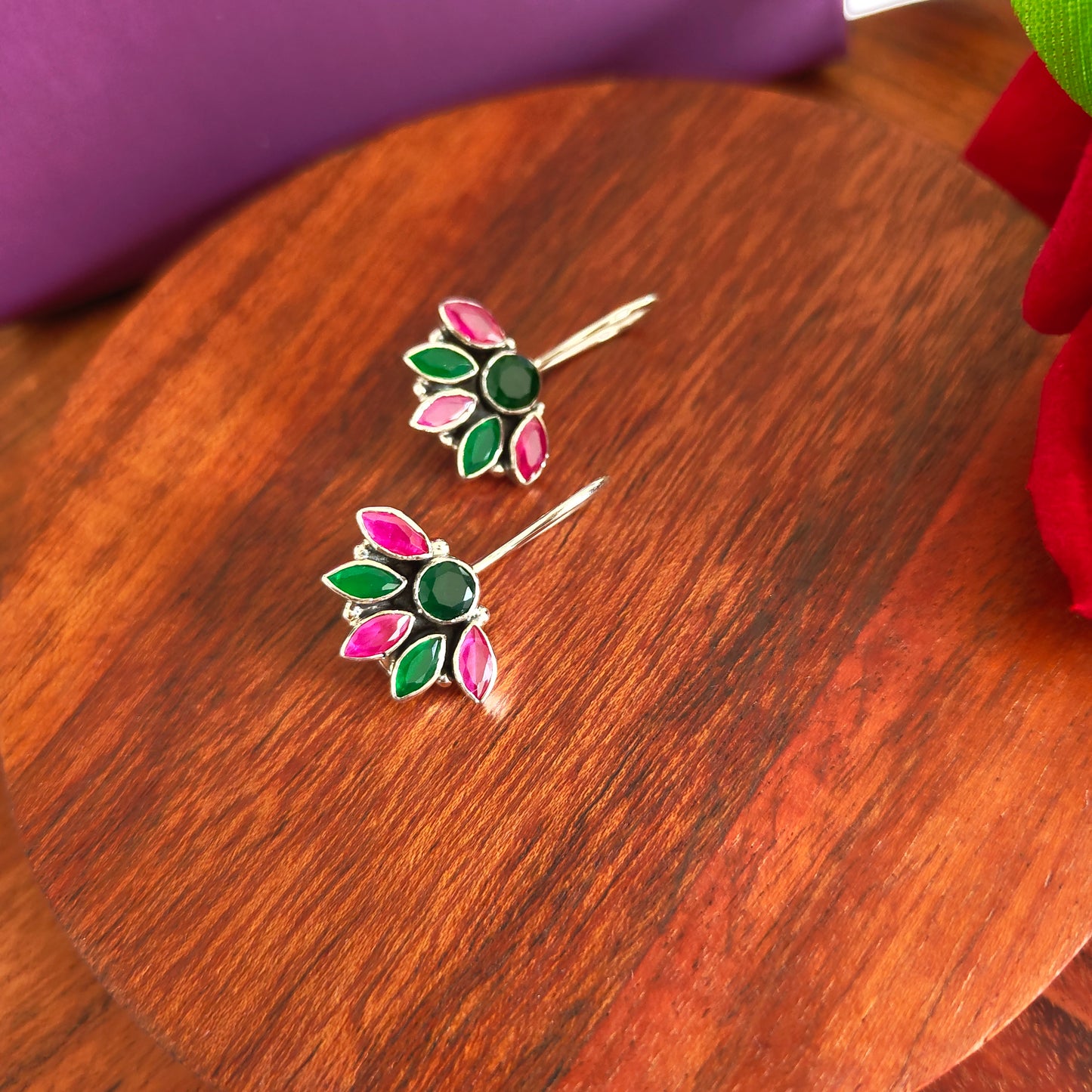 Half Floral Pink And Green Faceted Hook Earring