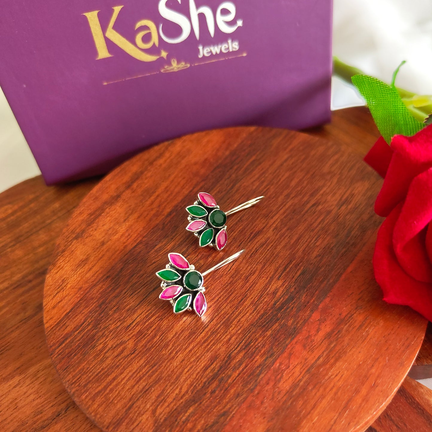 Half Floral Pink And Green Faceted Hook Earring