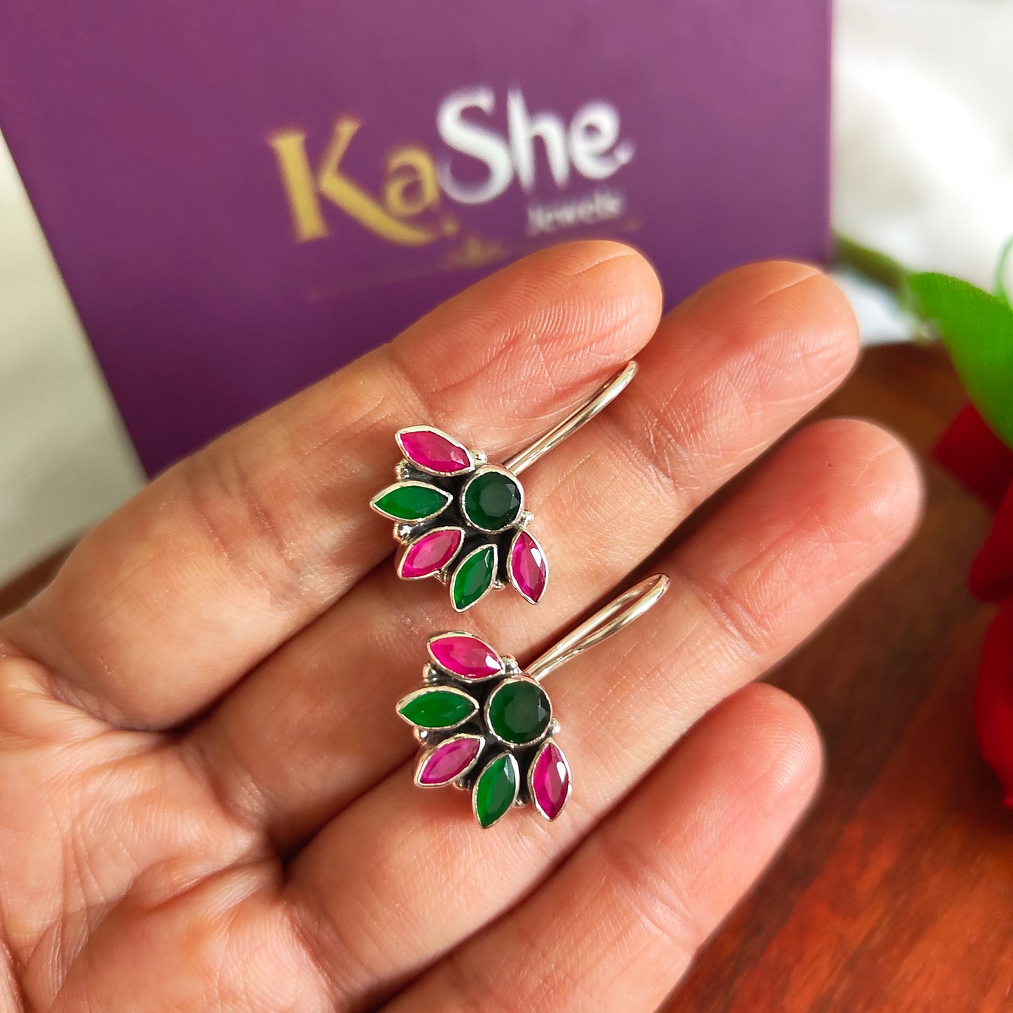 Half Floral Pink And Green Faceted Hook Earring