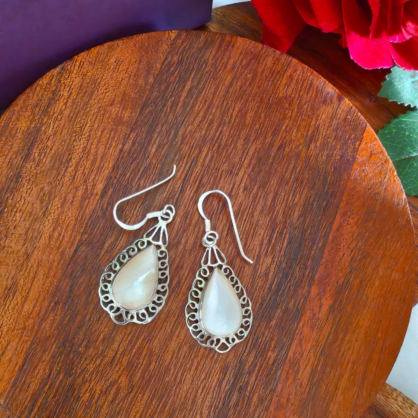 Classic Pear Jali Mother Of Pearl Earrings With Hooks